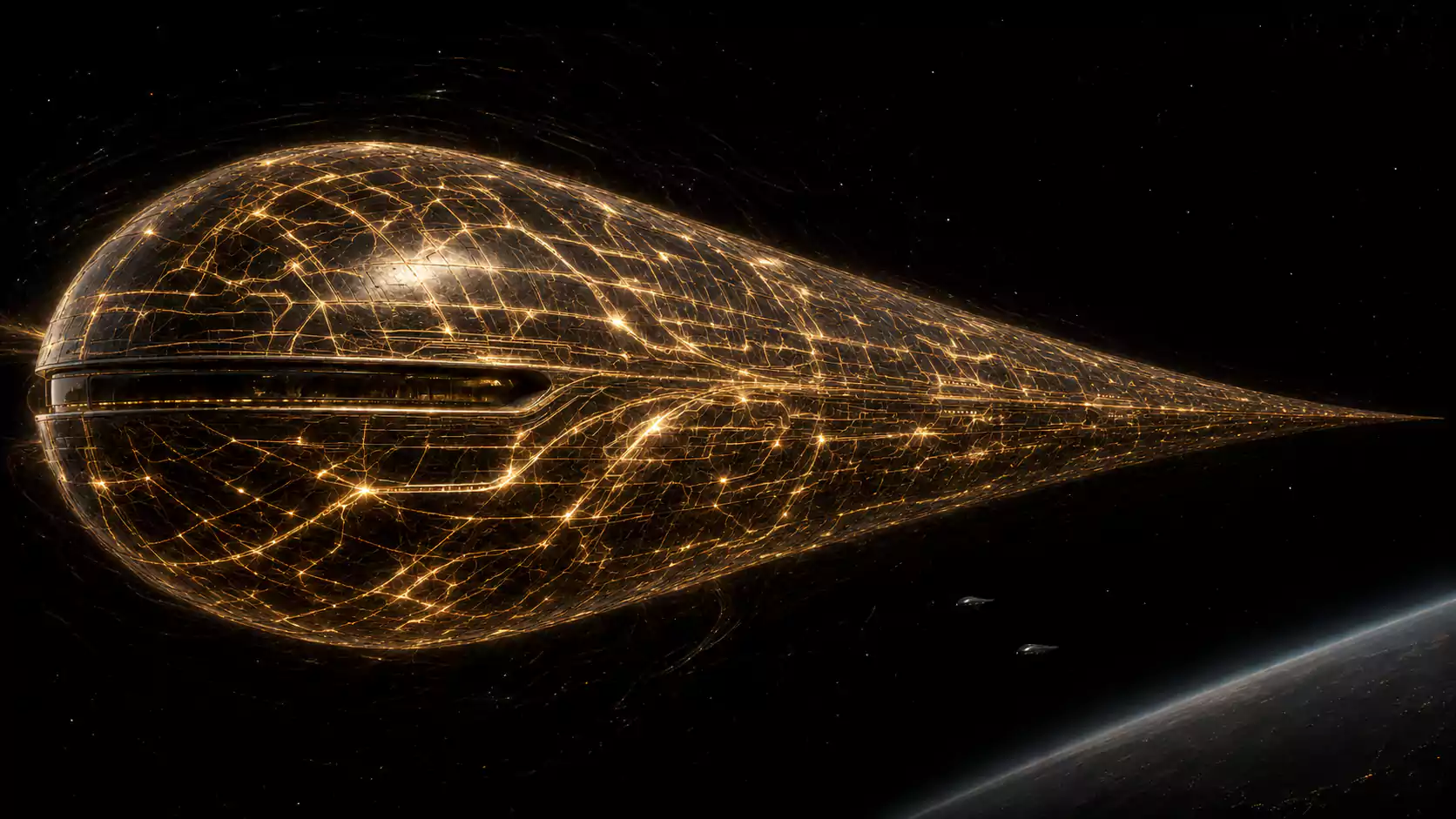 Starship Gravitation, the living vessel of the Vibe Dictator Crew, travelling through deep space.