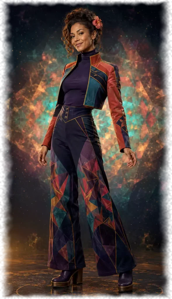 Kaleida in retrofuturist kaleidoscopic command attire